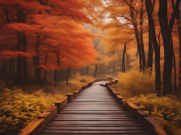 Beautiful wooden pathway going the breathtaking colorful trees in a forest