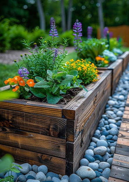 Photo beautiful wooden raised beds in the garden with various herbs vegetables and flowers growing around them on pebbles