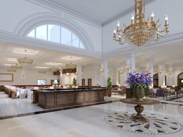 Beautiful wooden reception in the center of the spacious lobby in the classical style. 3d rendering