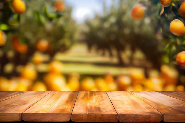 Beautiful wooden table place of free space for your decoration and orange trees with fruits in sun light AI Generated