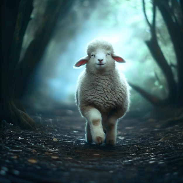 Beautiful woolly sheep with forest background