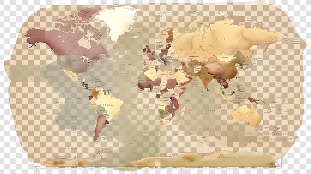 A beautiful world map with a sepia tone The map shows the continents and countries with their names