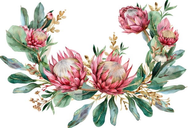 Photo a beautiful wreath made of pink proteas and green leaves perfect for wedding invitations or floral themed designs