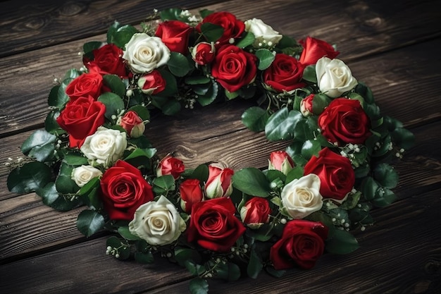 Beautiful wreath made of red and white roses resting on a wooden table Generative AI