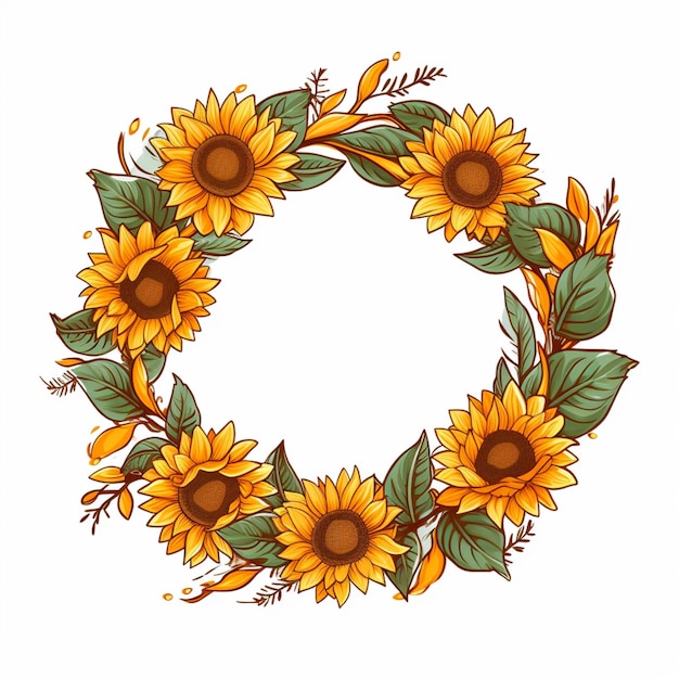 Beautiful wreath sunflowers watercolor frame pictures AI Generated art