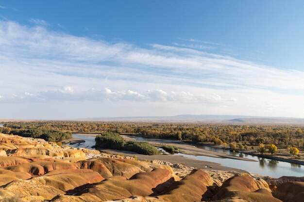 Beautiful xinjiang colorful beach at dusk irtysh river burqin county China