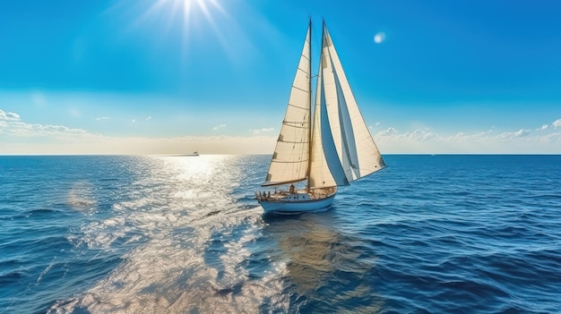 Красивая яхта, парусная лодка на море с голубым небом