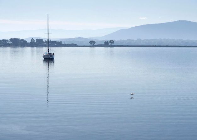 Beautiful yacht on a sunny day on the calm Aegean Sea on the island of Evia Greece