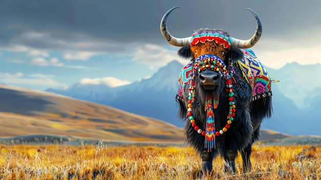 A beautiful yak standing in a field of tall grass The yak is wearing a colorful headdress and has a long horn