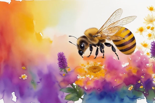 Beautiful yellow bees roam the garden collecting honey and pollinating flowers watercolor painting