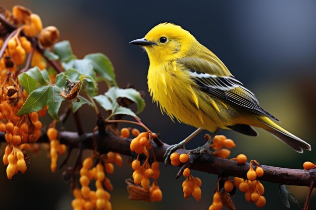 Beautiful yellow and blue bird on a branch of a blossoming tree