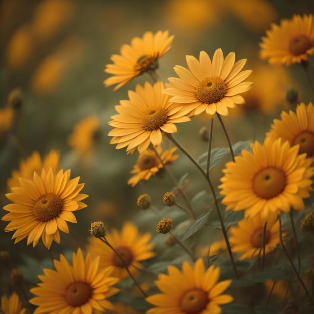 Beautiful yellow daisies in the field Vintage style generative ai