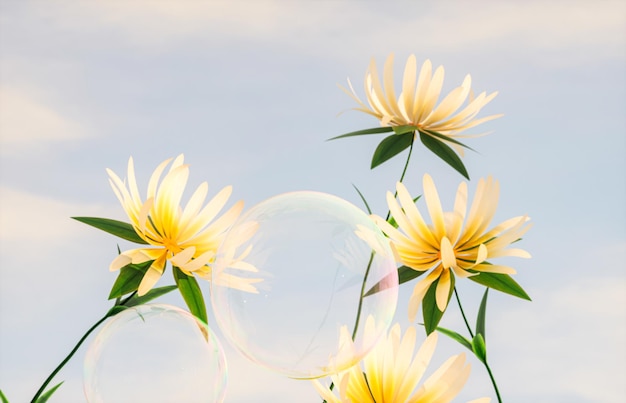 Beautiful yellow daisies and soap bubbles on blue sky background 3d rendering