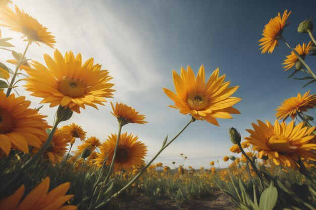 Beautiful yellow daisy flowers on blue sky background Selective focus generative ai