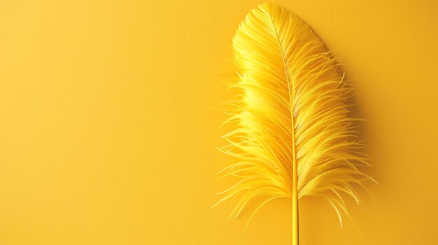 Photo a beautiful yellow feather rests on a vibrant yellow background its delicate texture and soft curves contrasting with the bold flat color beneath it