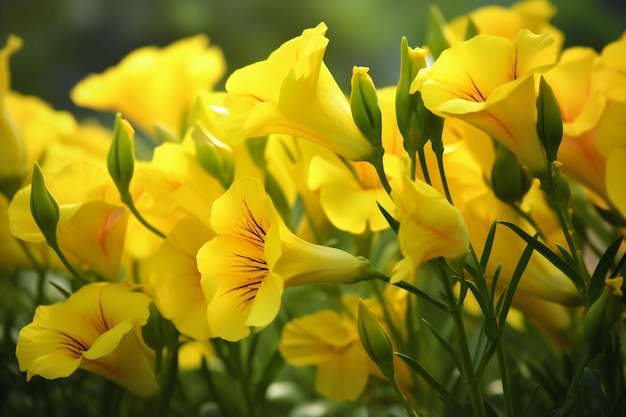 Красивые желтые цветы фрезии в саду крупным планом