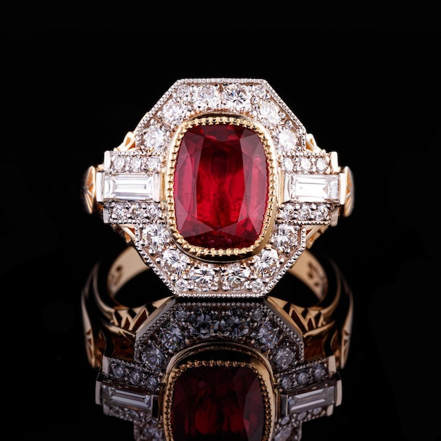 Beautiful yellow gold ring with a ruby on a black background