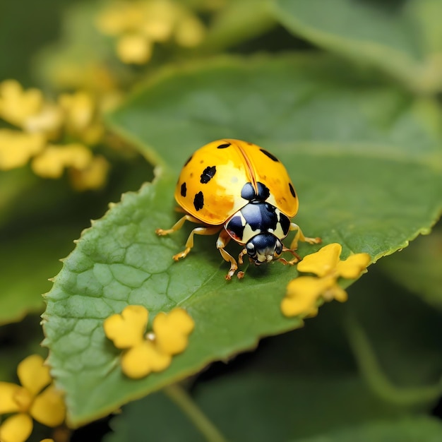 A Beautiful Yellow Ladybug Rests Upon a Leaf