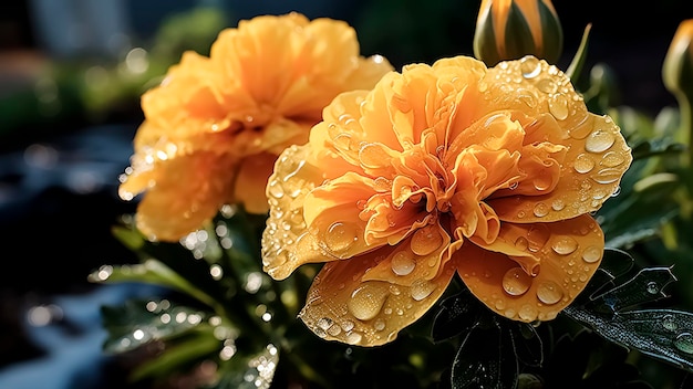 Beautiful yellow marigold flower with water drops on it after the rain Day of the dead