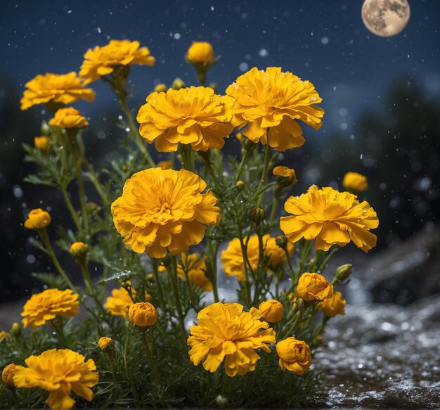月を背景にした美しい黄色いマリゴールドの花
