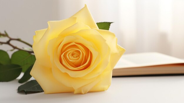 Beautiful yellow rose on table closeup Space for text