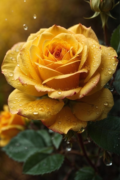 Beautiful yellow rose with drops of water on the petals