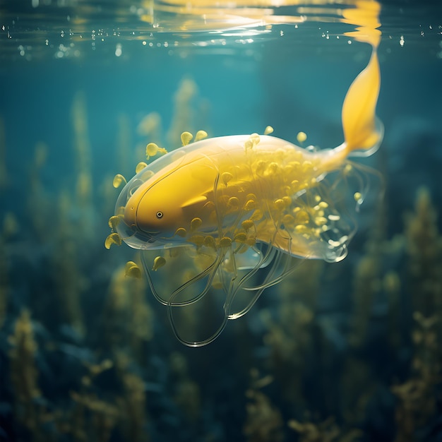 Photo beautiful yellow sea monster fish floats supine on the ocean underwater