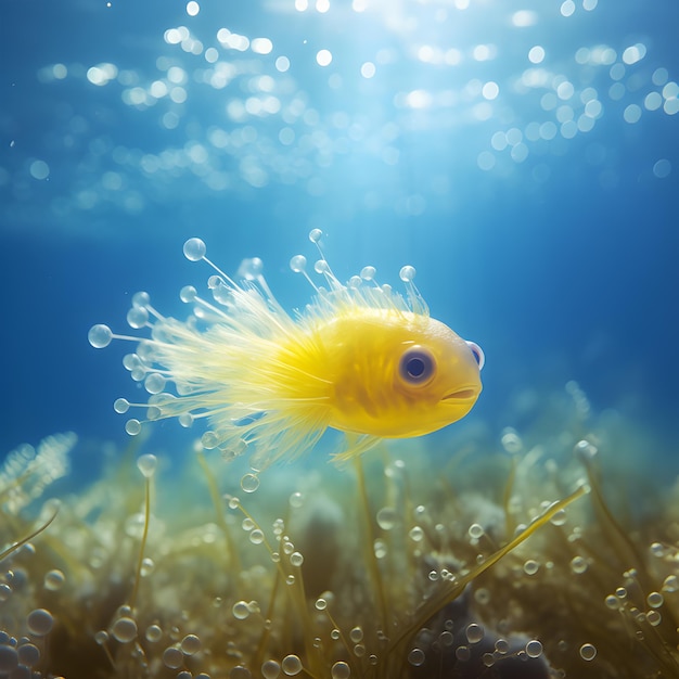 Beautiful yellow sea monster fish floats supine on the ocean underwater