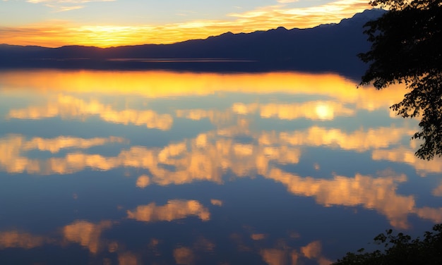 Foto bel tramonto giallo su un grande lago