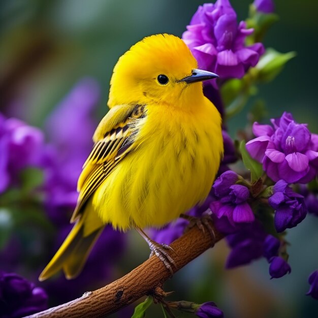 Photo beautiful yellow warbler perched in contrasting vivid pink flowering shrub