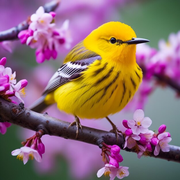 Photo beautiful yellow warbler perched in contrasting vivid pink flowering shrub