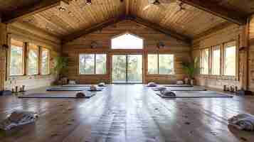 Photo a beautiful yoga studio with wooden floors and a vaulted ceiling