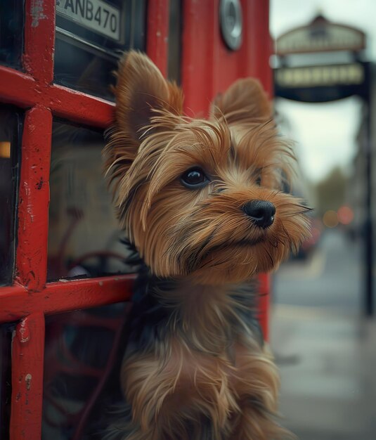 Photo beautiful yorkshire terrier in front of a red telephone booth