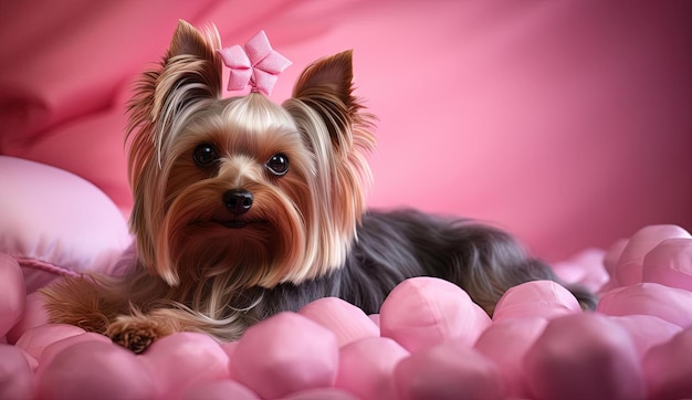 beautiful yorkshire terrier lying on a pink pillow in the style of salon kei