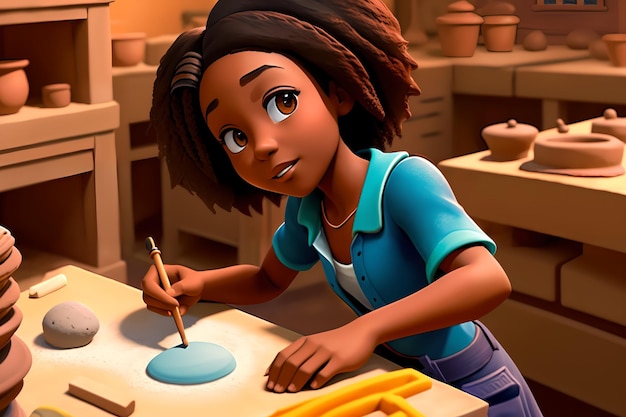 Beautiful young African American girl works as a sculptor with clay and stone