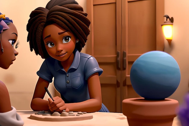 Beautiful young African American girl works as a sculptor with clay and stone