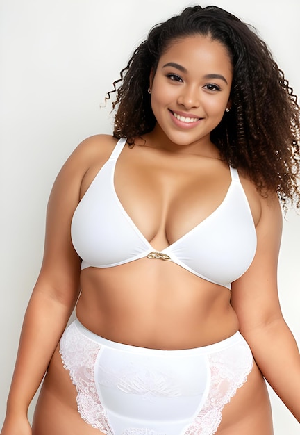 Premium Photo  Beautiful young african american plus size woman in white  lingerie