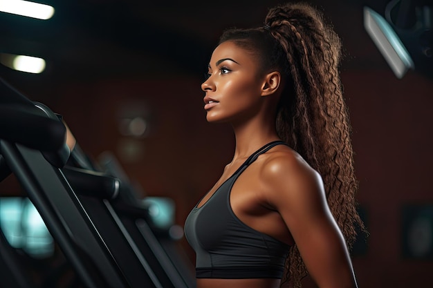 Красивая молодая афроамериканка в тренажерном зале Женщина-атлет бодибилдер отдыхает после кроссфит-тренировки