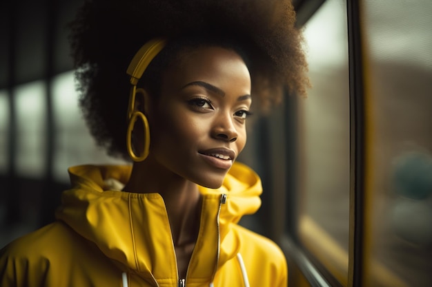 Ai が作成した地下鉄のファッション ポートレートでスポーツウェアを着た美しい若いアフリカ系アメリカ人女性が旅行する