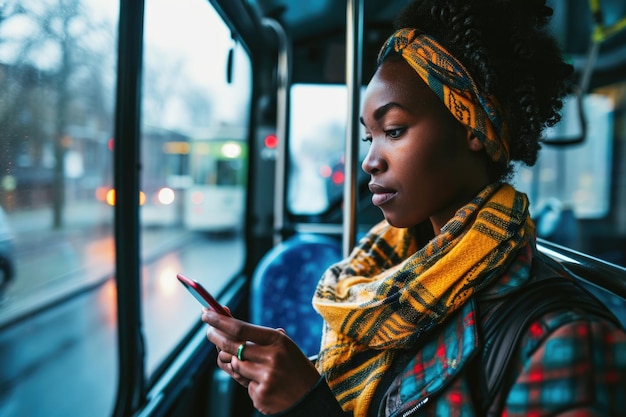 Beautiful young African American woman using smartphone on bus