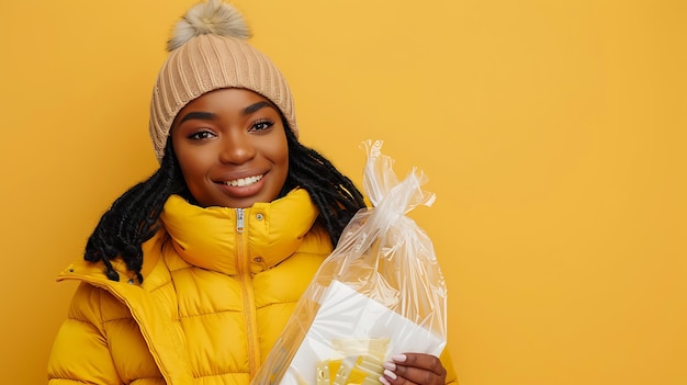 Beautiful young African American woman wearing a yellow winter coat and hat smiles happily while holding a gift bag full of presents