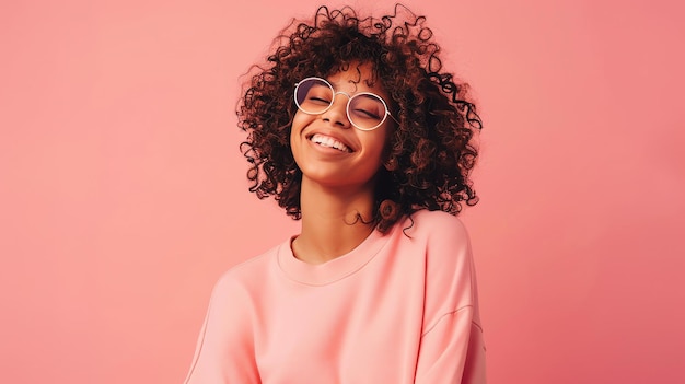 Beautiful young African American woman with curly hair smiling and wearing glasses