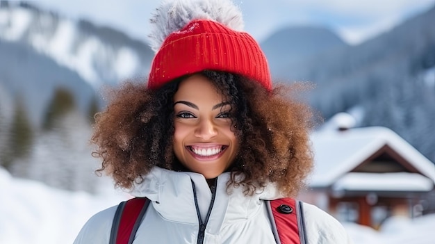 Beautiful young african american womanagainst the backdrop of winter snowcapped mountains