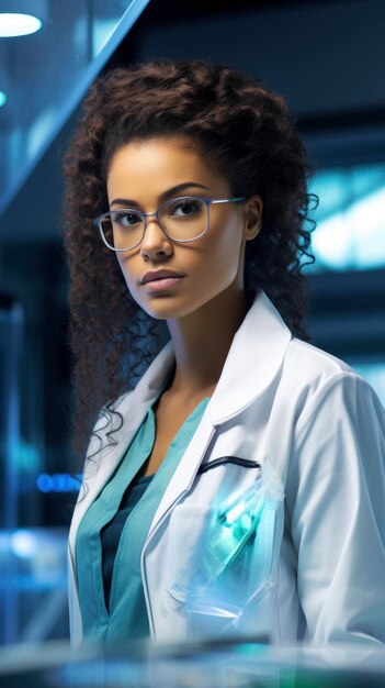 Photo beautiful young african woman scientist in white coat