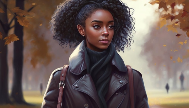 バックパックを運ぶ公園で野外を歩いているコートを着ている美しい若いアフリカ女性
