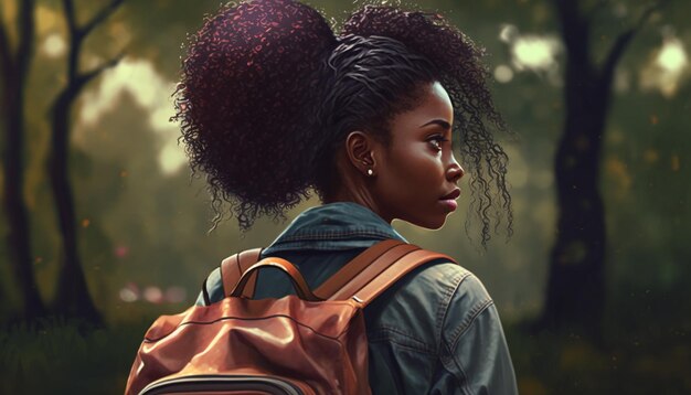 Beautiful young african woman wearing coat walking outdoors at the park carrying backpack