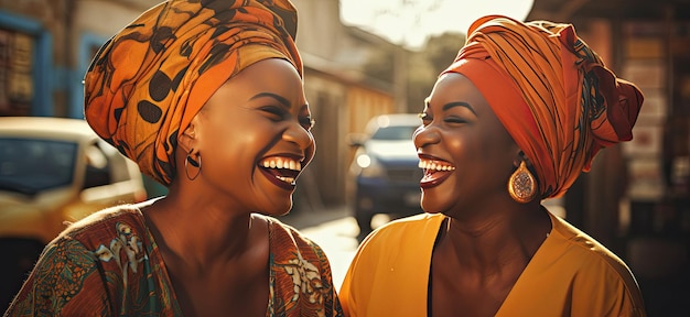 아름다운 젊은 아프리카 소녀들이 즐겁게 웃고 웃고 있습니다