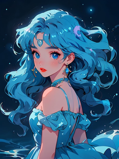 Beautiful young anime girl with long blue hair and blue dress visualization of Aquarius zodiac sign