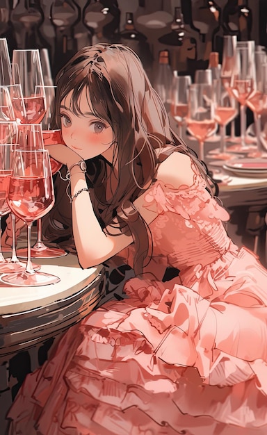 Beautiful young anime woman drinking wine in a restaurant Digital illustration