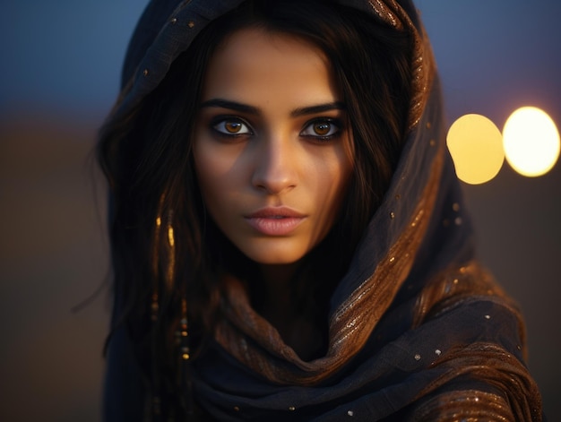 美しい若いアラビアの女性ベッドウィン砂漠の背景